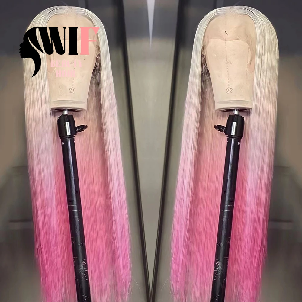 Wif Platina Roze Ombre Hair Synthetische Pruik Lange Rechte Warmtevezel Twee Tonen Kleurrijke Kanten Pruiken Vrouwen Cosplay Party Gebruik