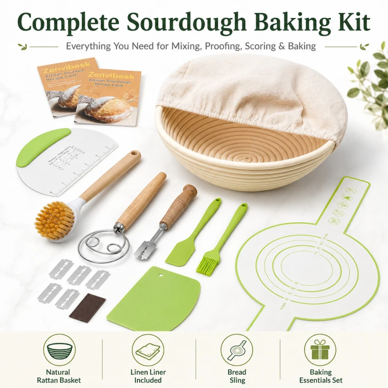 

Sourdough Starter Kit, 9 Inch Round Banneton Proofing Basket, 9-in-1 Baking Tools, Dough Scraper Lame Scoring Supplies