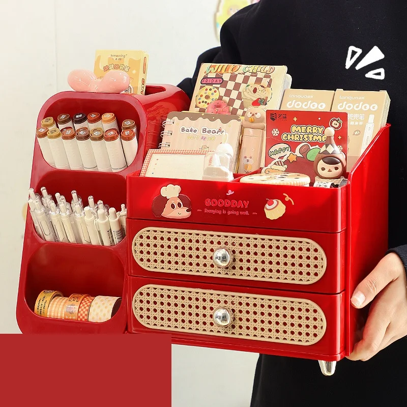 Desktop Slant Pen Holder Organizer Drawer Tray Cream Ankara Red Puppy Sticker Bow