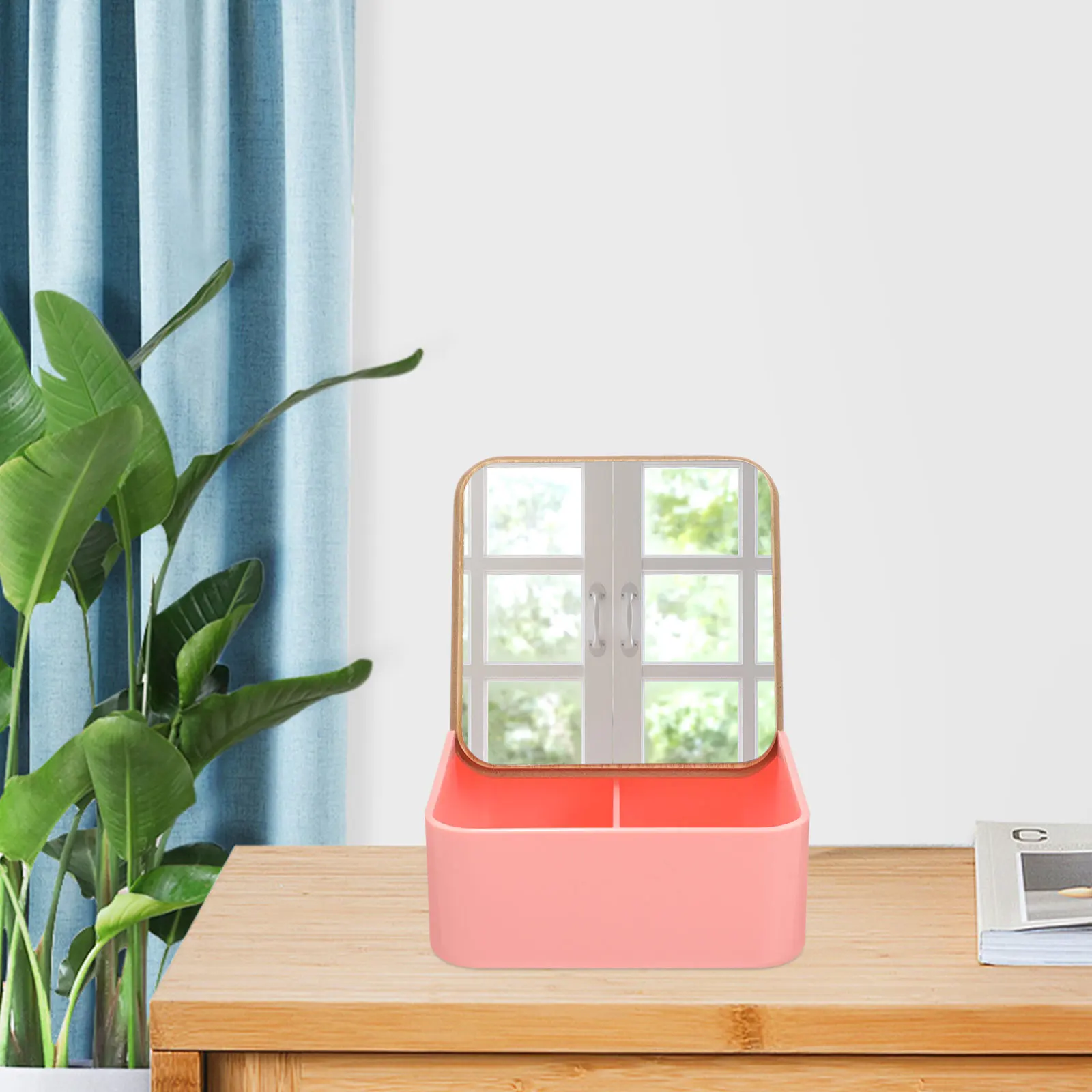 

Bamboo Wood Makeup Mirror Storage Box Desktop Mirror Stable Base Surface Clamshell-Type Tabletop