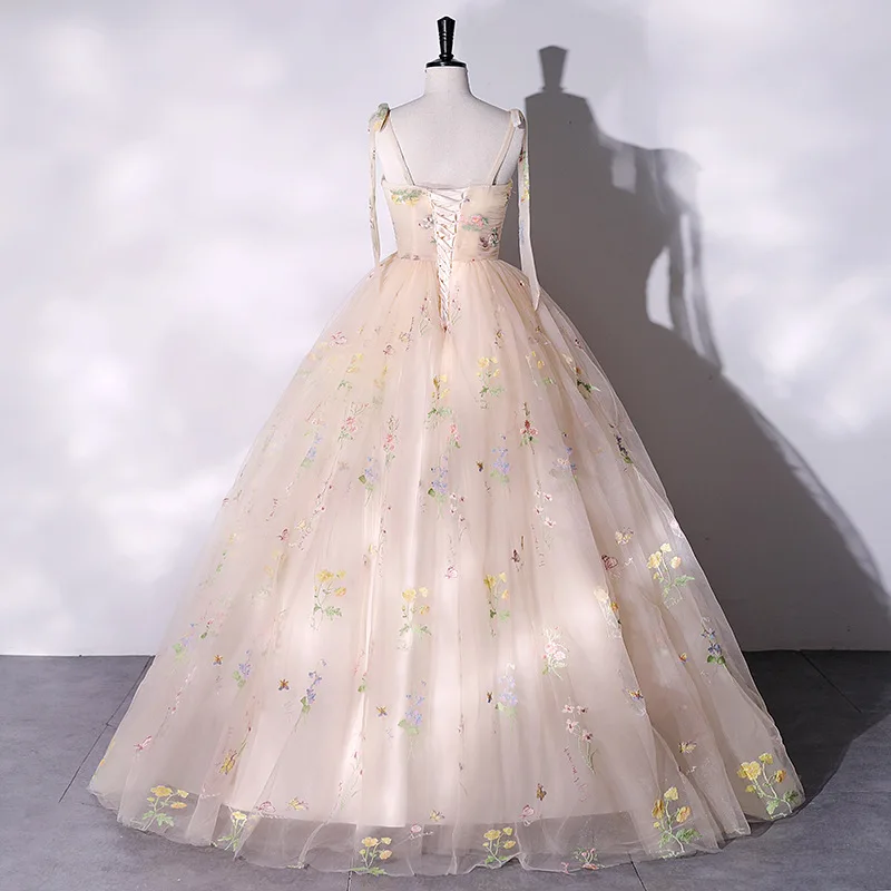 Fashion Spaghetti Strap Quinceanera New Champagne Colorful Floral Tulle Ball Gown Simple Sweet Fairy Vestido Baile Customized