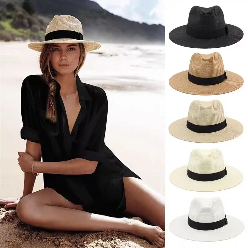Large Size 56-60cm New Natural Panama Straw Hat Summer fashion Men Women Wide Brim Beach UV Protection Fedora Sun Hat Wholesale