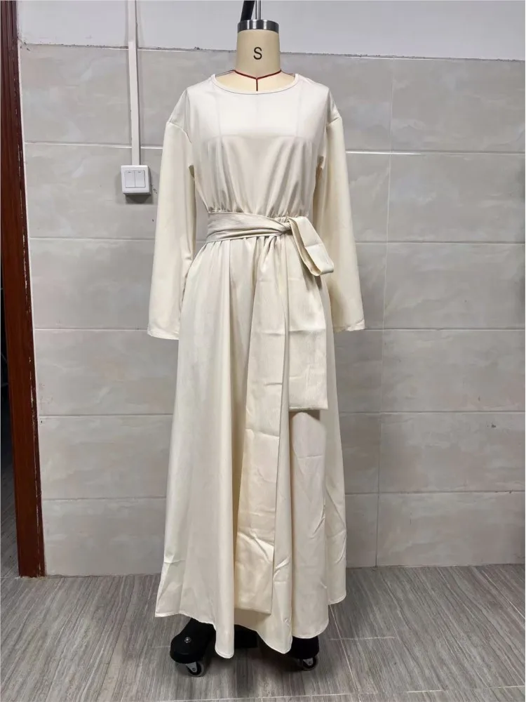 Spring Casual O Neck Belted Maxi Dress Woman Elegant High Waist Ruched A-line Swing Long Dresses Long Sleeve Pocket Boho Vestido