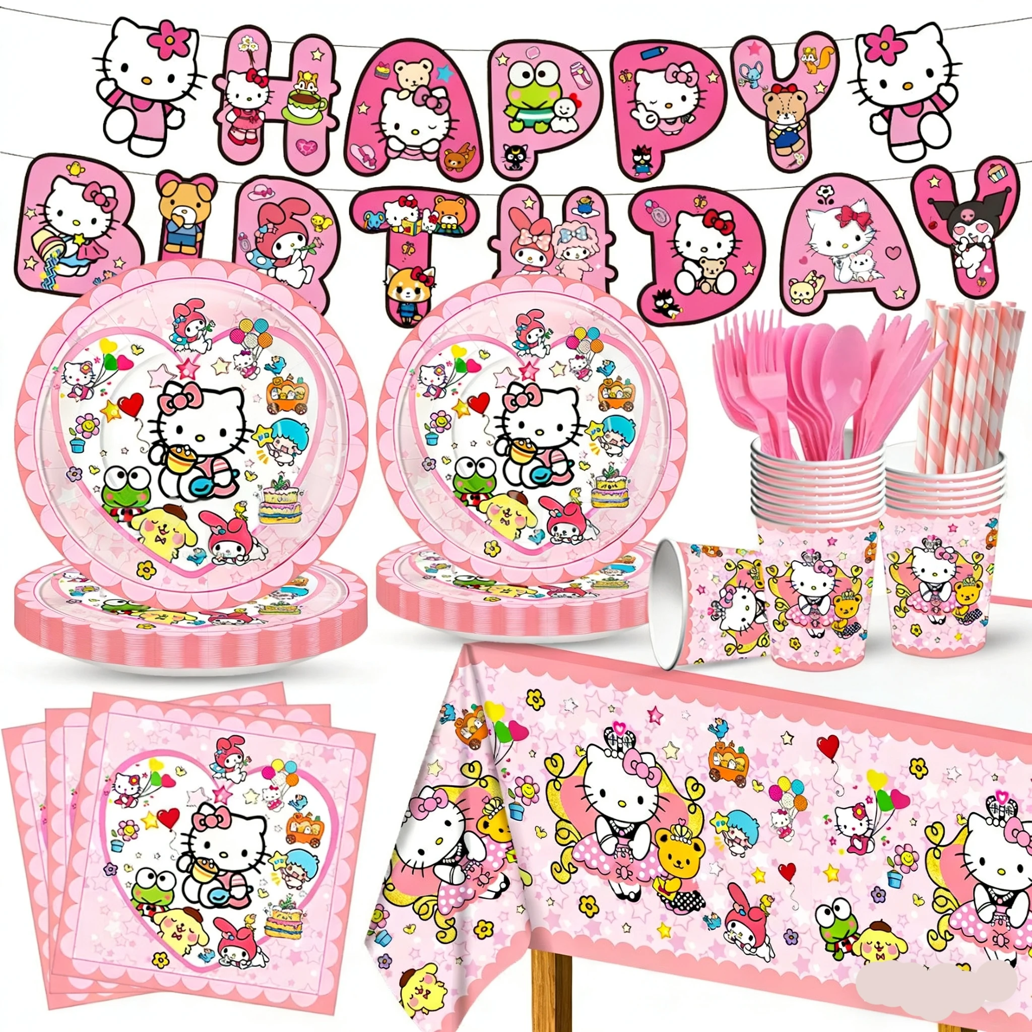 Décorations d'anniversaire Hello Kitty, assiettes jetables Hello Kitty, nappe, serviettes en papier, ballons, fournitures pour fête de bébé fille