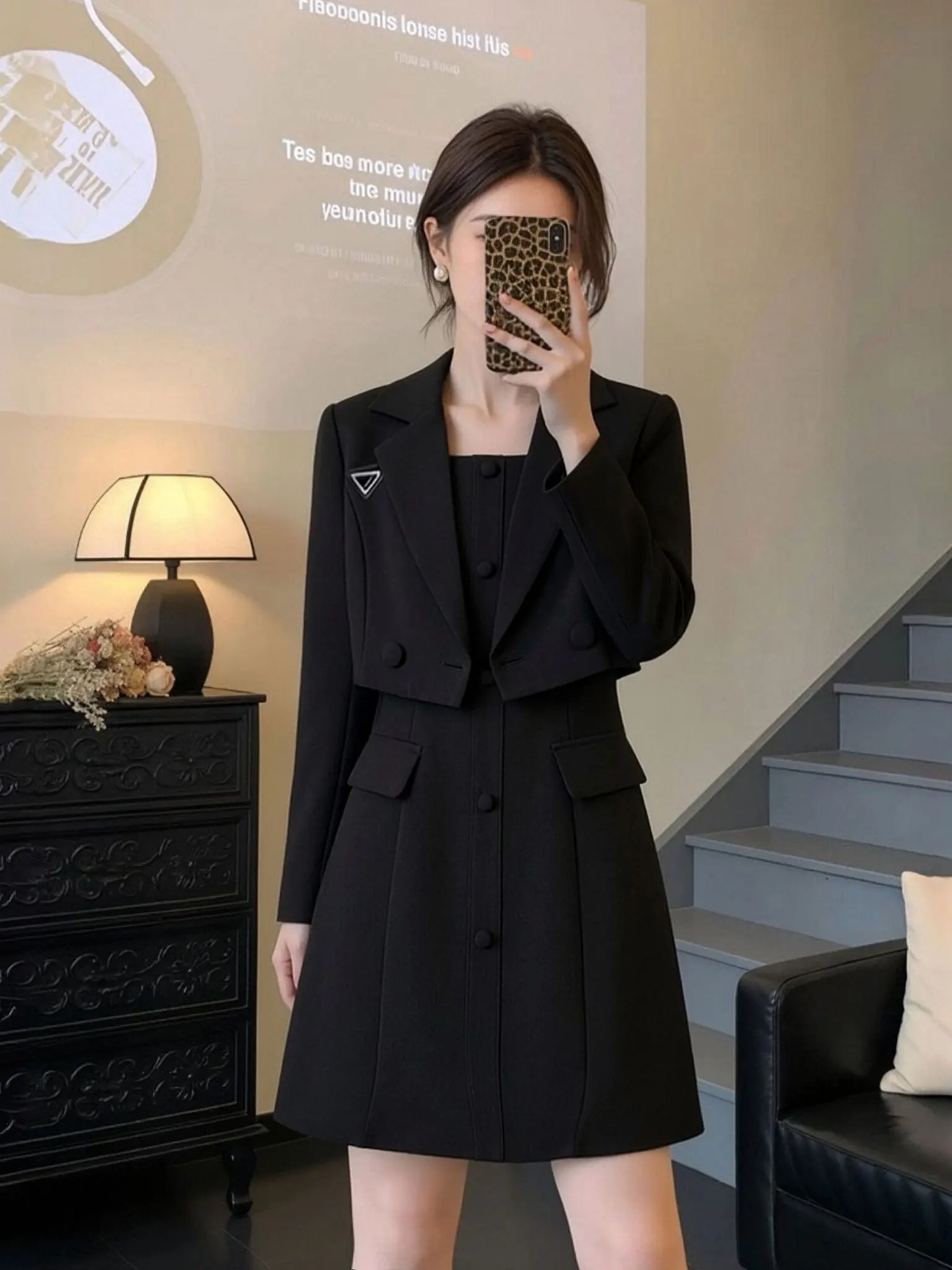 

Spring 2026 Women's Business Elegant Short Suit Jacket And Halter Dress Set High Waist Polyester Fiber Long Sleeve Collar