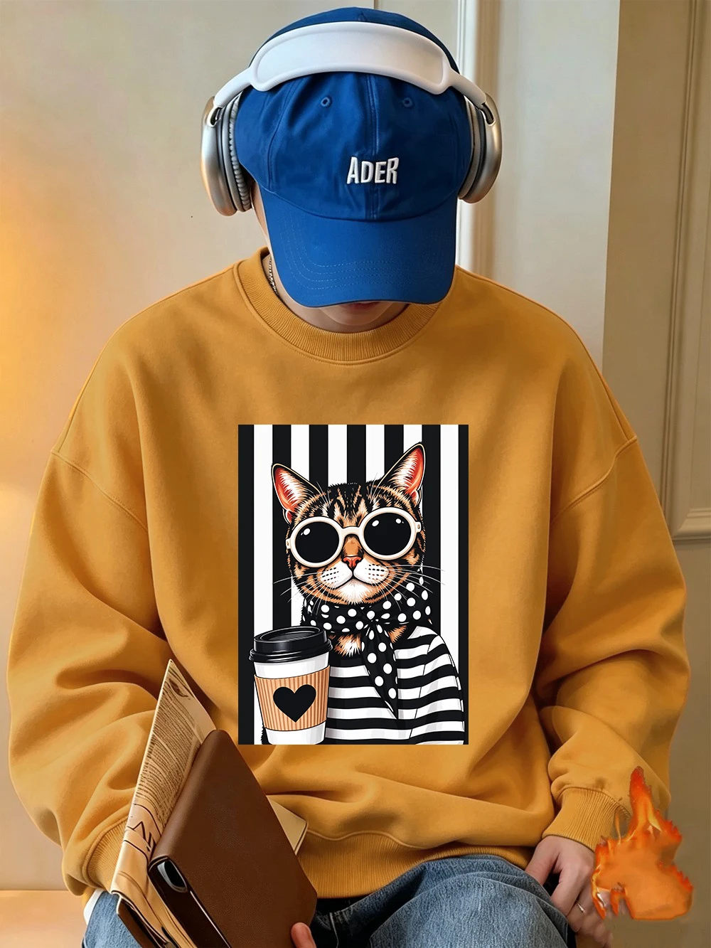 Tabby Cat Black White Striped Prints Mens Sweatshirts Autumn Crewneck Hoodie Jogging Fleece Warm Tops Sports Oversized Clothes
