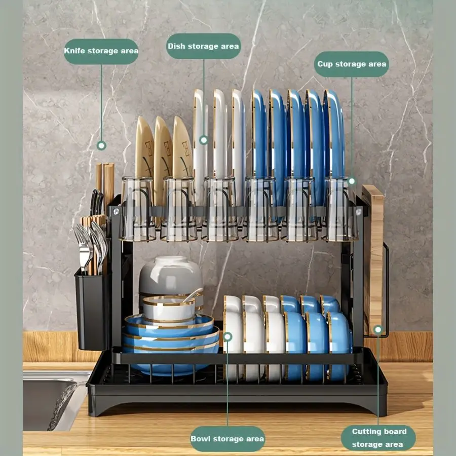 

2-Tier Kitchen Dish Drying Rack Metal Storage Organizer with Cup Holders Sink Drain Rack Space Saver for Storage equipment