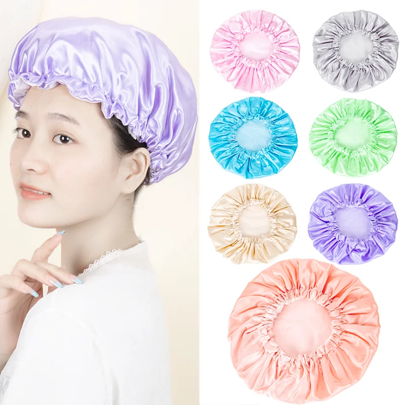 7colors Waterproof Shower Caps Women's Bathing Hair Care Hats Soft Silk Anti-static Hair Accessories Bathroom Household Bath Cap
