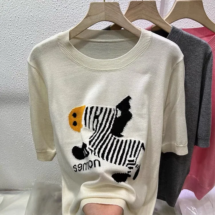 Zebra Jacquard Sweater Knit T-shirts Pullovers 2024 Summer Korean Fashion Loose Ladies Tops Knitwear Short Sleeve O-neck Jumpers