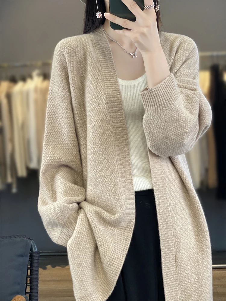 

ADDONEE Women Long Cardigan Autumn Winter Cashmere Sweater Casual Loose Style Coat 100% Merino Wool Knitwear Korean Fashion Tops