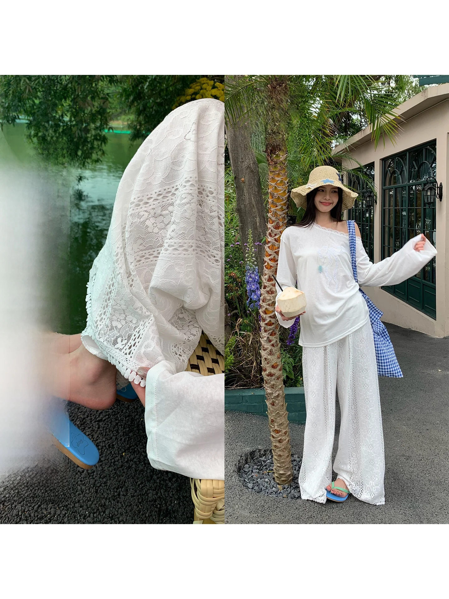 

Свободные брюки в стиле BF с вырезами, широкие прямые повседневные брюки для женщин, летние, новые, белые, с высокой талией, комфортные, с эффектом похудения