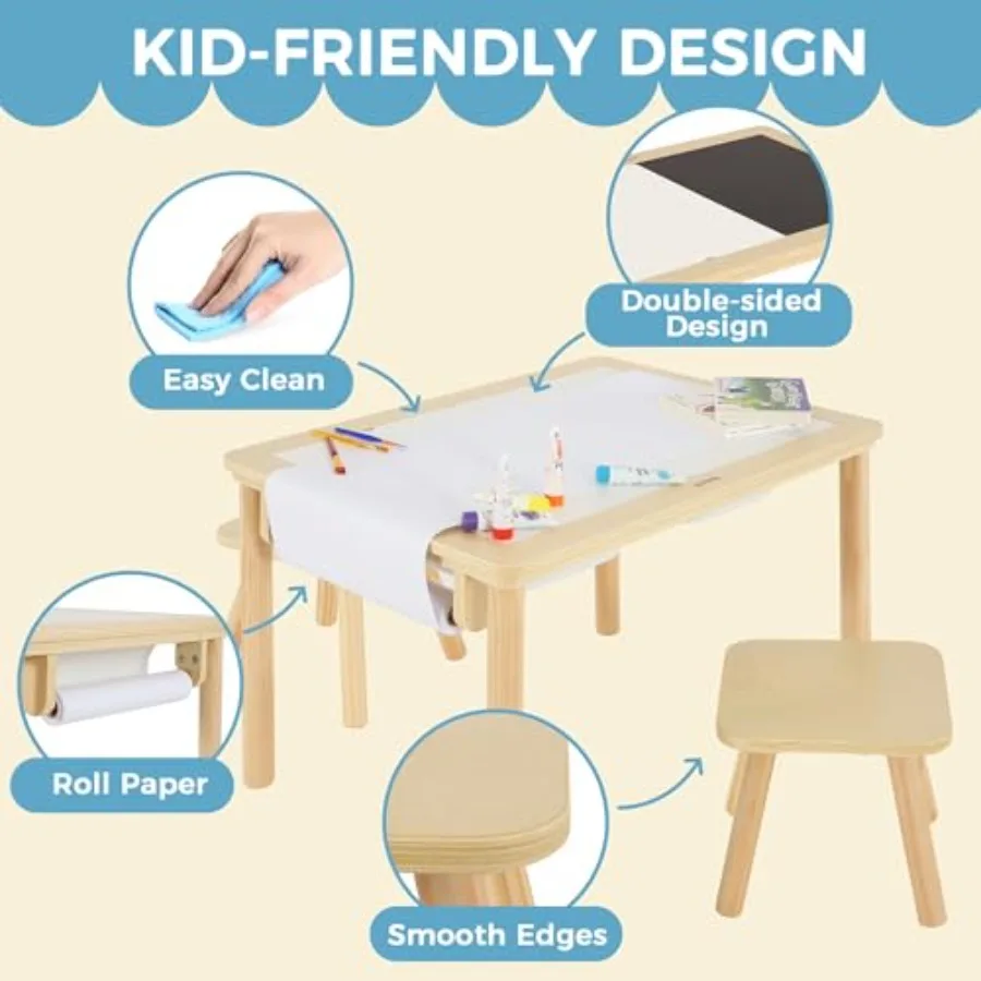 Sensory Table for Toddlers 13 with 2 Chairs and Roll Paper Wooden Kid Activity Table Chair Set with DoubleSided Boards and 2 St