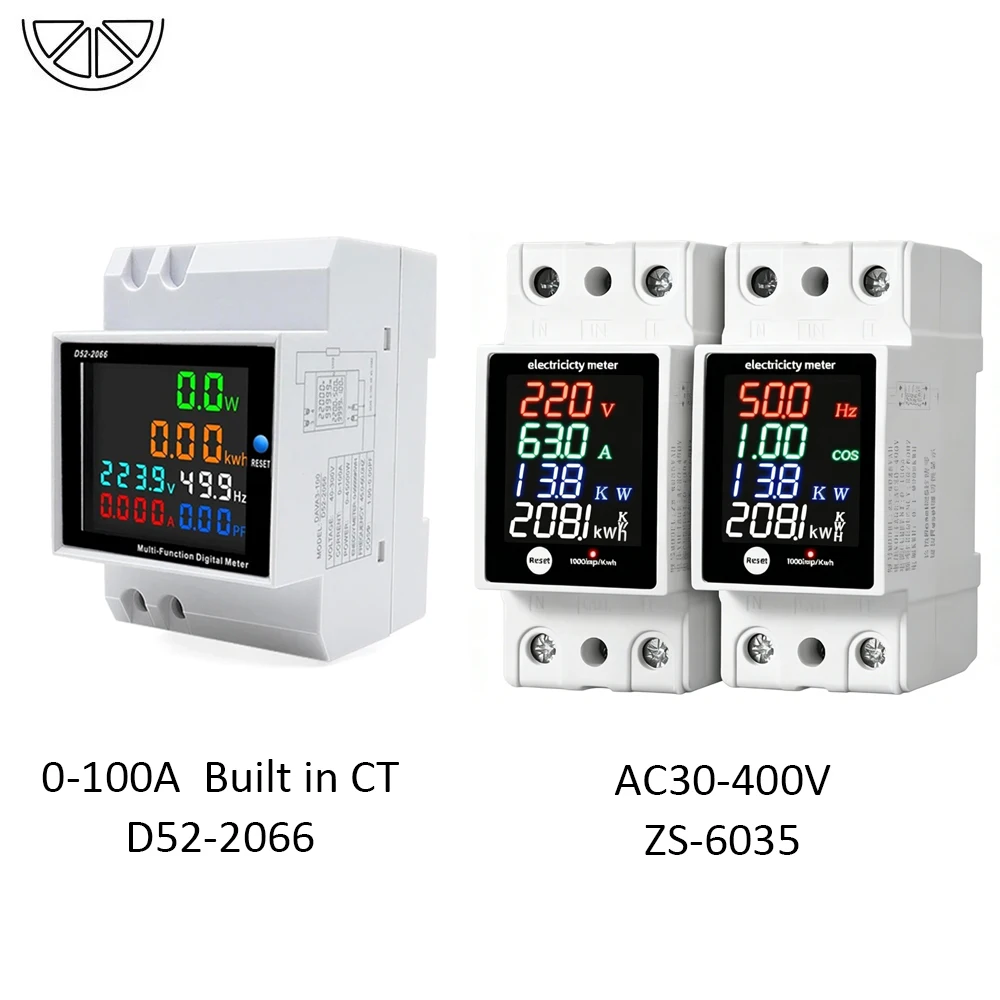 Single Phase Energy Meter Din Rail Electricity Usage Monitor AC 40-300V 100A Voltmeter Ammeter Watt Kwh Frequency Power Meter