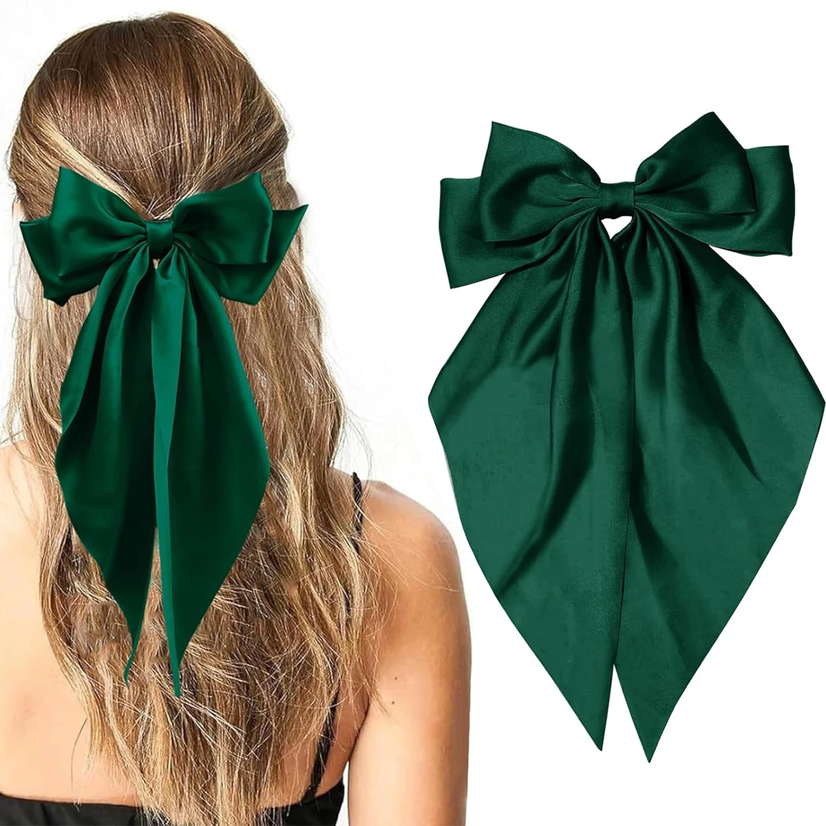 

Women's pink bow hair clip, large white satin bow, long tail alligator clip, big hair bow girl suitable for birthday wedding dan