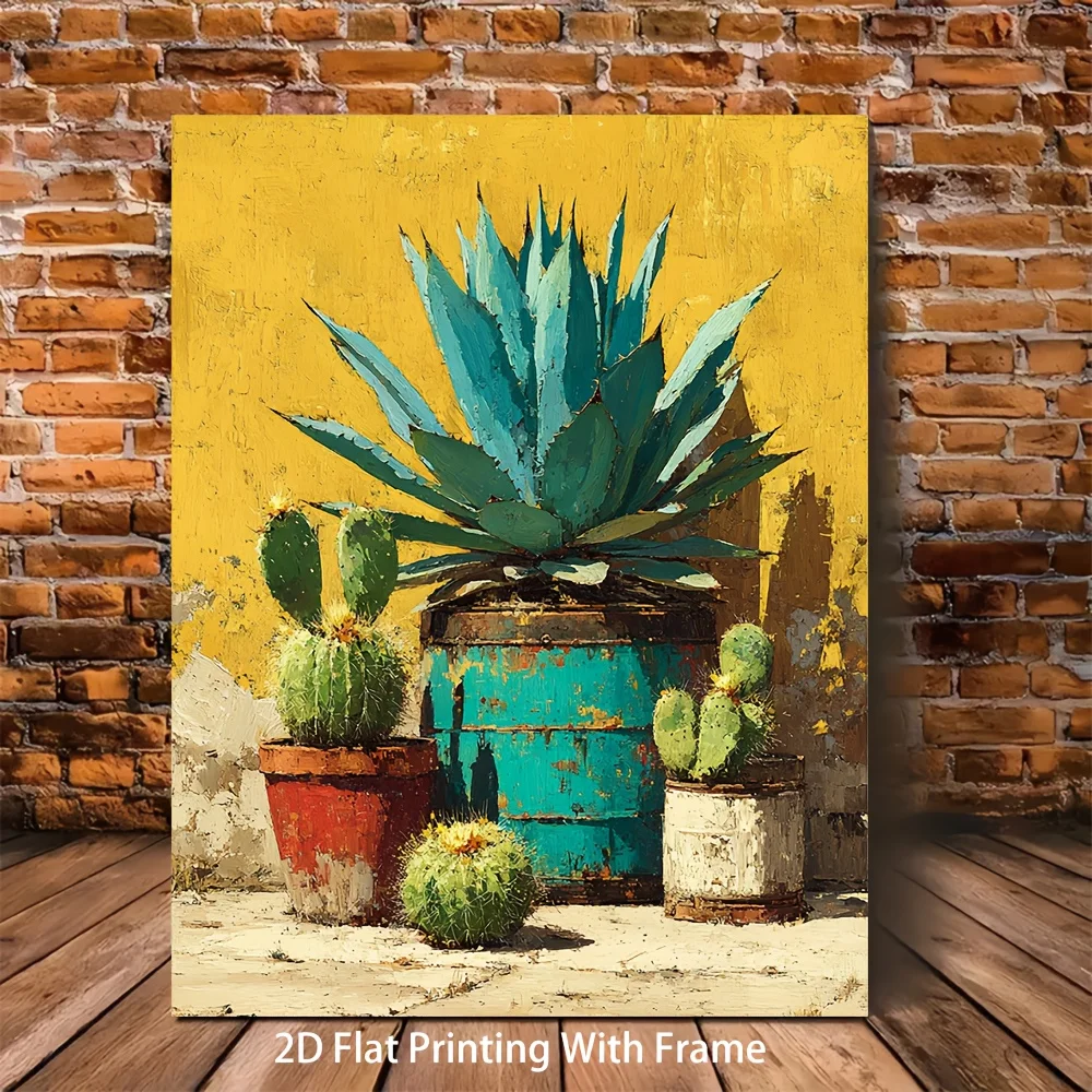 (No frame)1pc Southwest Desert Wall Art - Vivid Blue Agave & Barrel Cacti Framed Canvas Print, 12x16 or 16x24 Inch Modern Sou