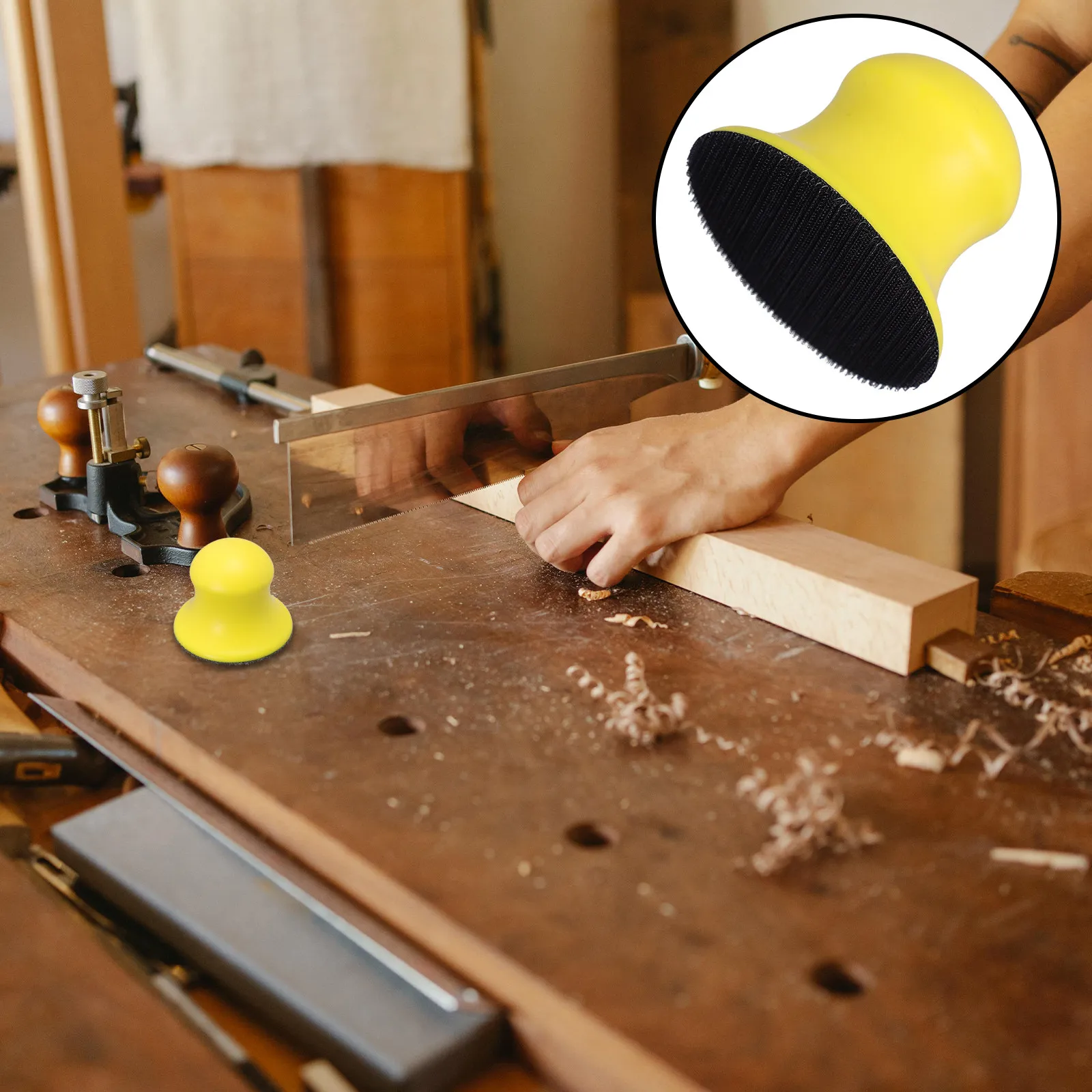 

Handheld PU Foaming Sanding Block Yellow Round Self Adhesive Backing for Woodworking Furniture Restoration Precise Hook Loop