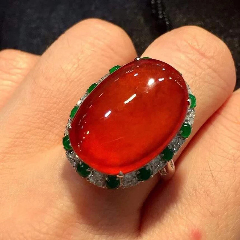 Natural chalcedony Positive red oval large egg face ring opening adjustable Chinese style peculiar retro ladies jewelry