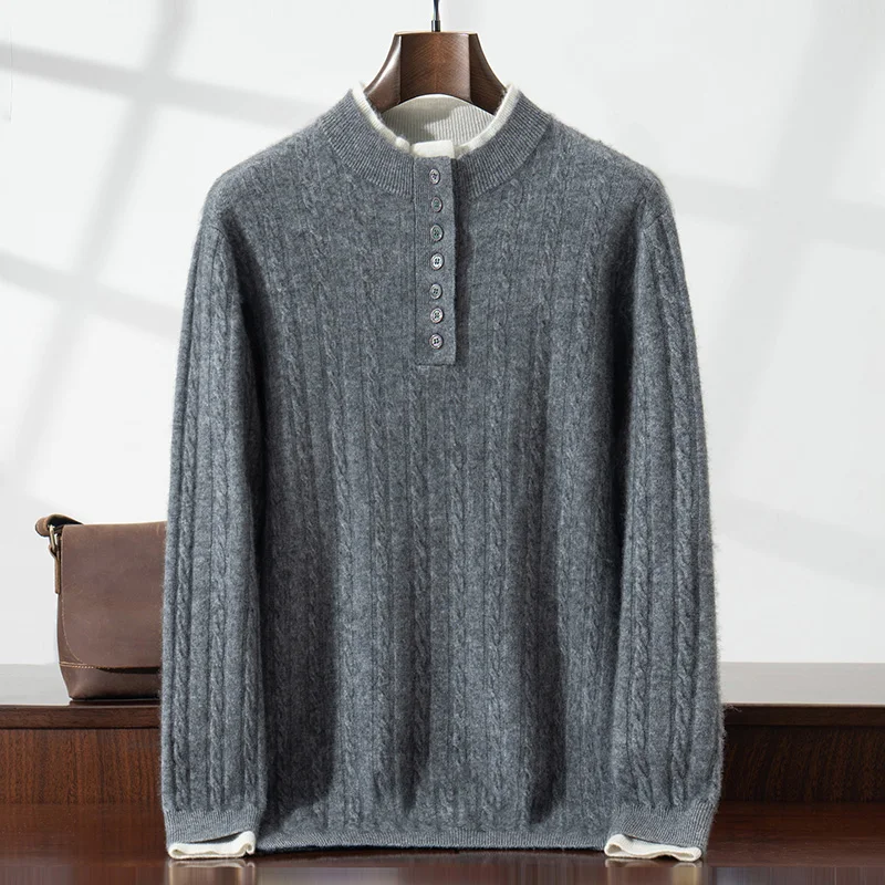 Two Fake Men's Half high neck Knitting Sweaters Keep Warm Winter 100% Cashmere Pullover Casual Fried Dough Twists Men's Clothes.