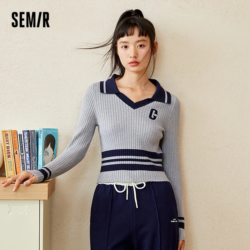 Semir 2023 Women Sweater Tight-Fitting Pullover New Autumn Small Man Hit Color Sweater Retro Casual Style Sweater for Women