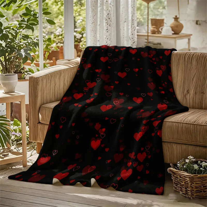Red Floating Hearts Flannel Blanket Warm Soft Halloween Christmas Decorative Couch Warm Cozy All-Season Gift