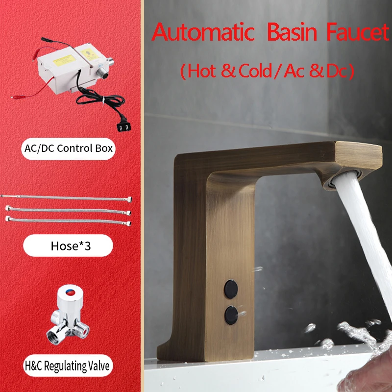 Imagem -02 - Smart Touchless Antique Brass Faucet Tap Body Misturador de Cobre Completo Frio e Quente ac 220 v e dc Bateria v