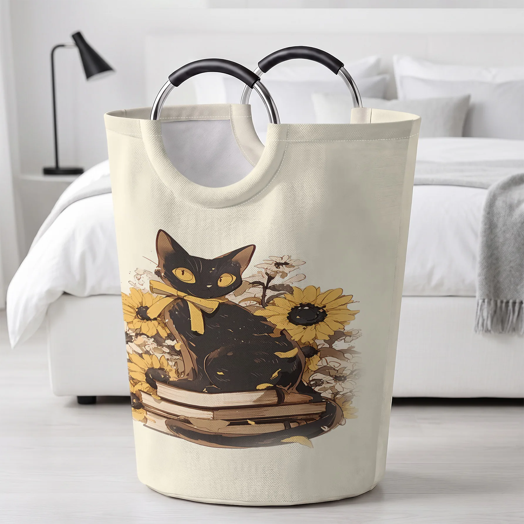 Black Cat With Sunflower And Books Print Storage Basket, Large Capacity Handheld, for clothes, toys and sundries storage