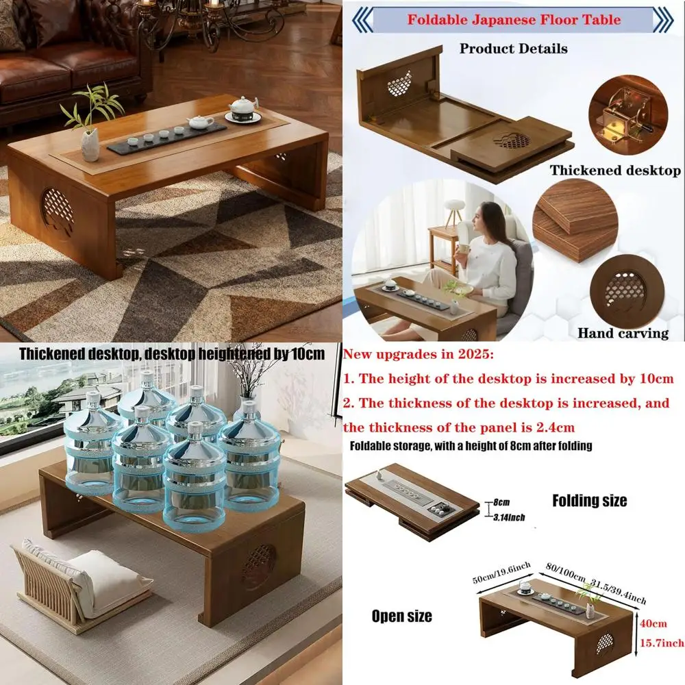 طاولة أرضية يابانية من الخشب الصلب مع ميزة قابلة للطي من الخيزران، طاولة قهوة محمولة منخفضة التاتامي لسهولة الإعداد