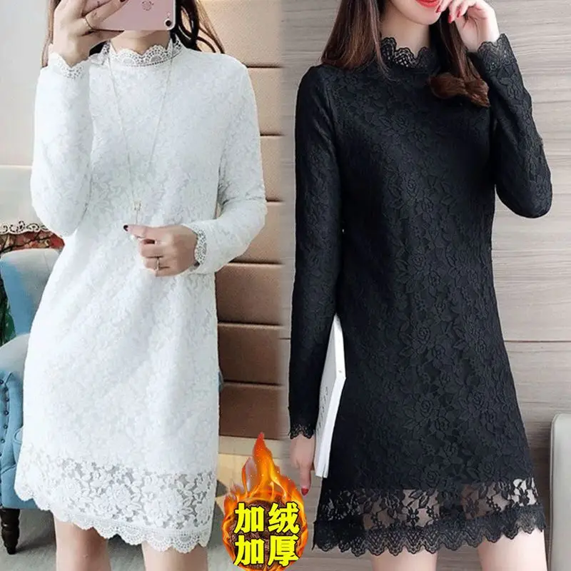 عالية الياقة زائد المخملية الباردة واقية الدانتيل منتصف طول تي شيرت الخريف الشتاء الناس الصغار سميكة فستان دافئ #6