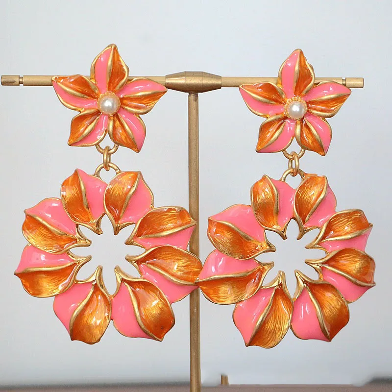 Vintage Statement Pink Enemal Flower Drop Earrings For Women Jewelry Runway Party T Show Fancy Trendy Boho INS Japan Korea