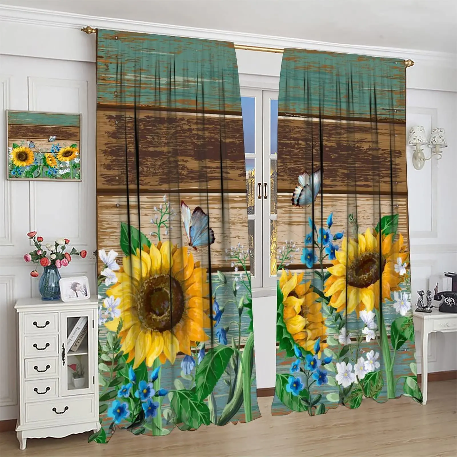 Sunflower Rustic Country Wood Vintage Floral Short Cafe Tier Curtains Decor Farmhouse Retro Rod Pocket Window Drapes 2 Panel Set