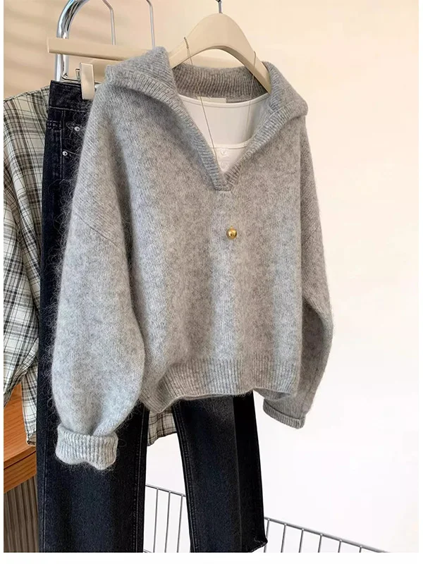 

Extra Large 300 Pou Lazy Sle Casual ey Bear Fur Knitted Sweater Autumn Winter Hooded V-Ne Top Coat American Casual L...