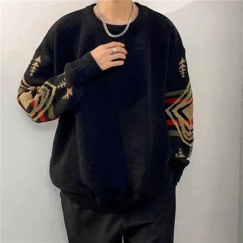 Ludowe drukowane swetry w stylu vintage z dzianiny odzież męska Casual O-Neck jesienno-zimowa nowe luźne, z długim rękawem dojazdy modne swetry