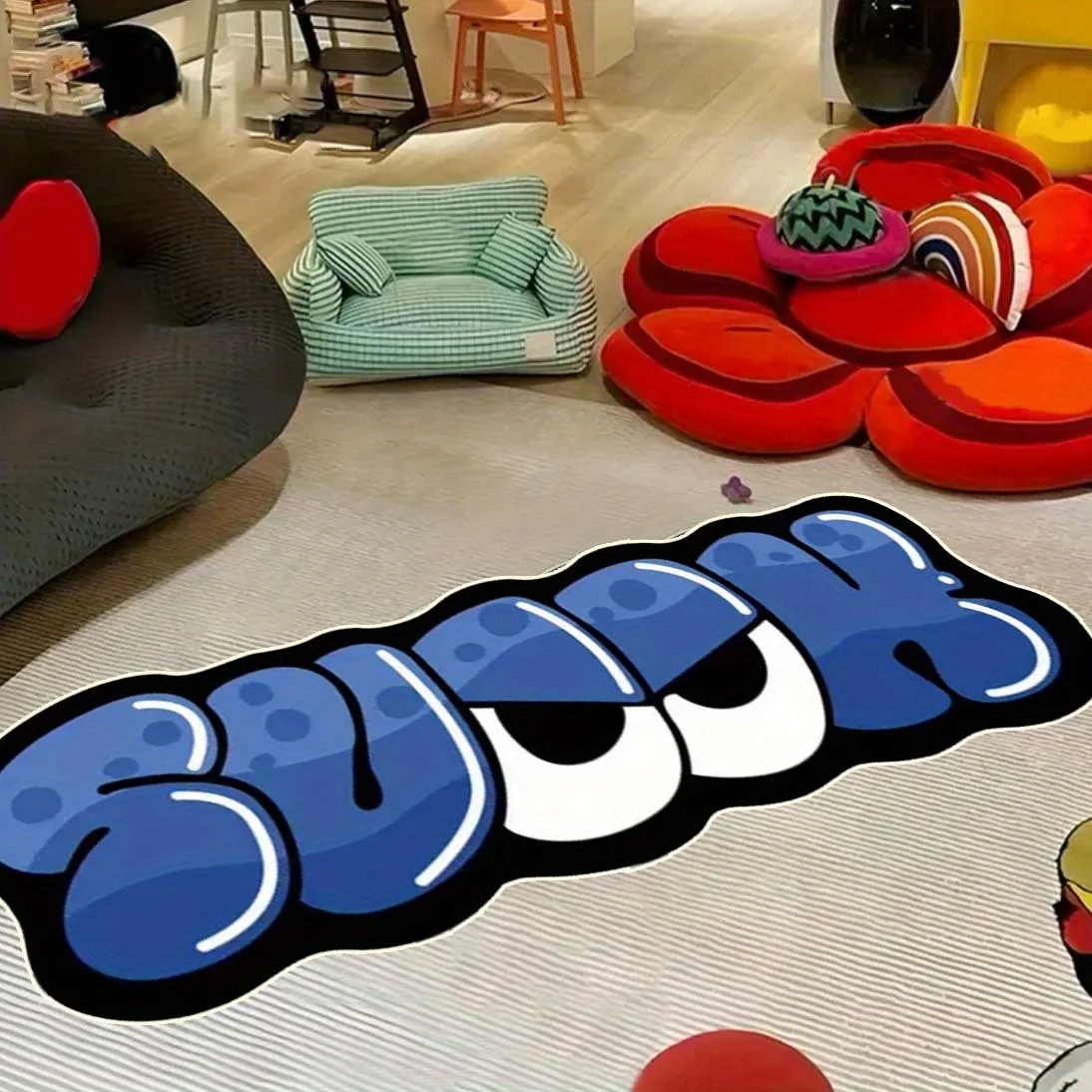 Cool Graffiti Letter Shaped Rug BUNK Cartoon Eyes Tufted Floor Mat Soft Non  Washable Area Carpet Teen Street Room Home Decor