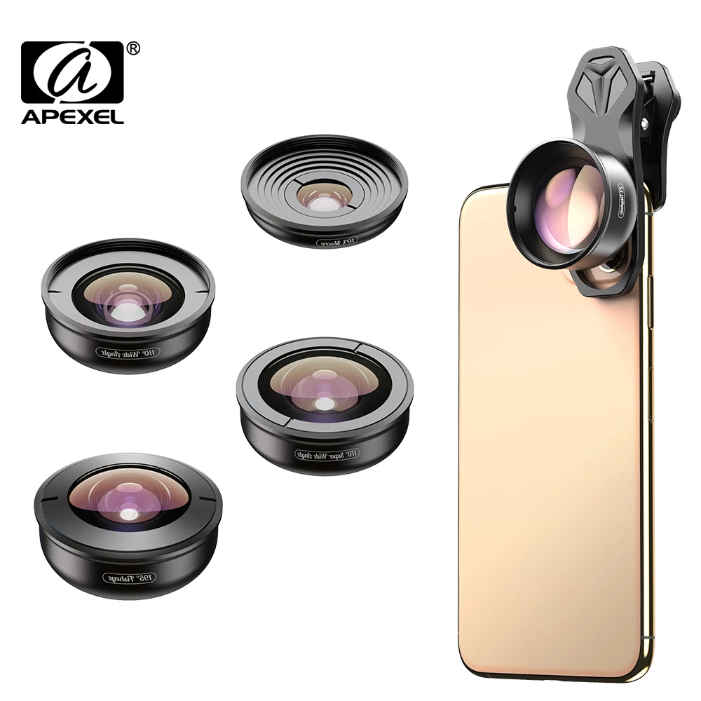 

Apexel 5 in 1 Mobile Phone Lens Universal Photography Kit HD Fisheye 4K Macro Wide Angle Len 2X Telescope For all Smartphones