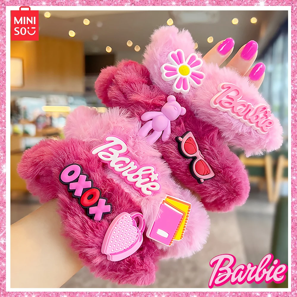 Miniso Barbie Pink Autumn Winter 4-Pcs Dopamine Colorful Sweet Cool Y2K Girl Large Plush Large Intestine Hair Ring Headwear Gift