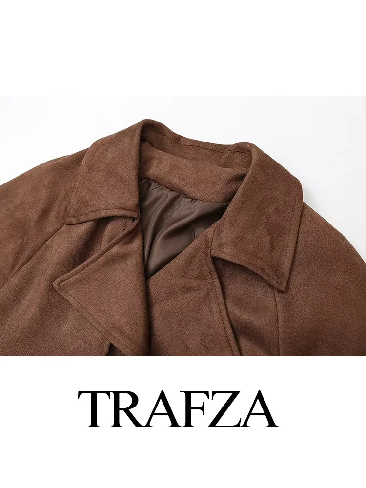 TRAFZA Autumn Women New Elegant Windbreaker Turn-Down Collar Long Sleeves Belt Solid Female Double Breasted Trench Coat Mujer