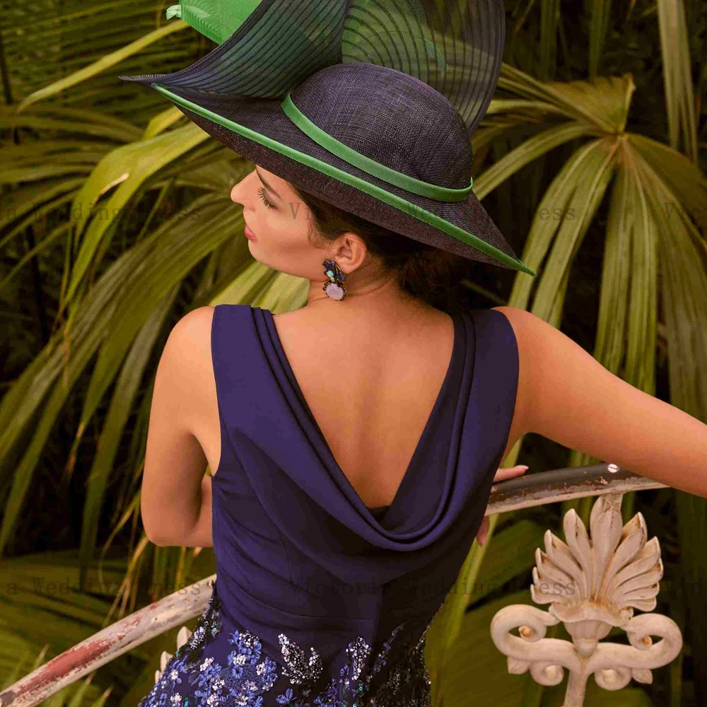 Exquisitos Vestidos azul marino para madre de la novia, vestidos de fiesta de boda de línea a con cuello redondo, cuentas de flores, lazo hasta el tobillo