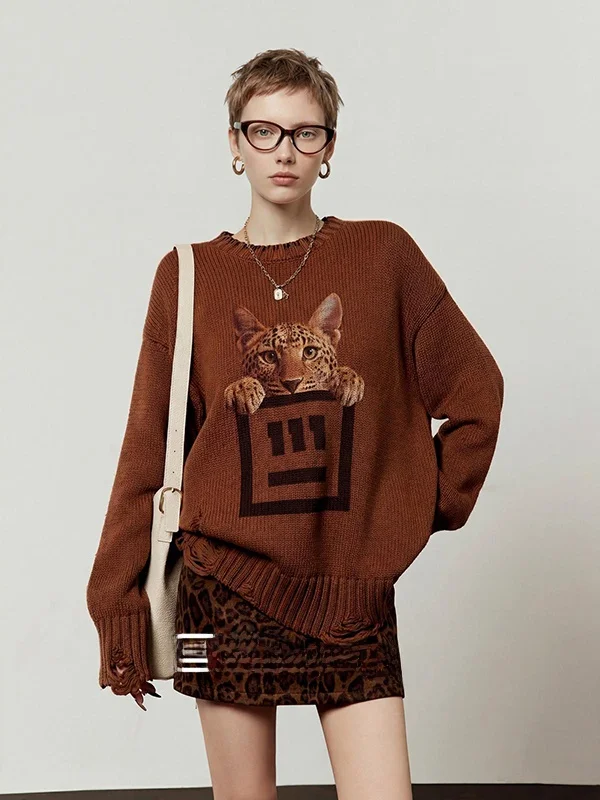 

BaoTou Printed Loose Casual Women's Knitwear Coffee Color Sweater Spring New Sle round Ne Long Sve Girl's Faion