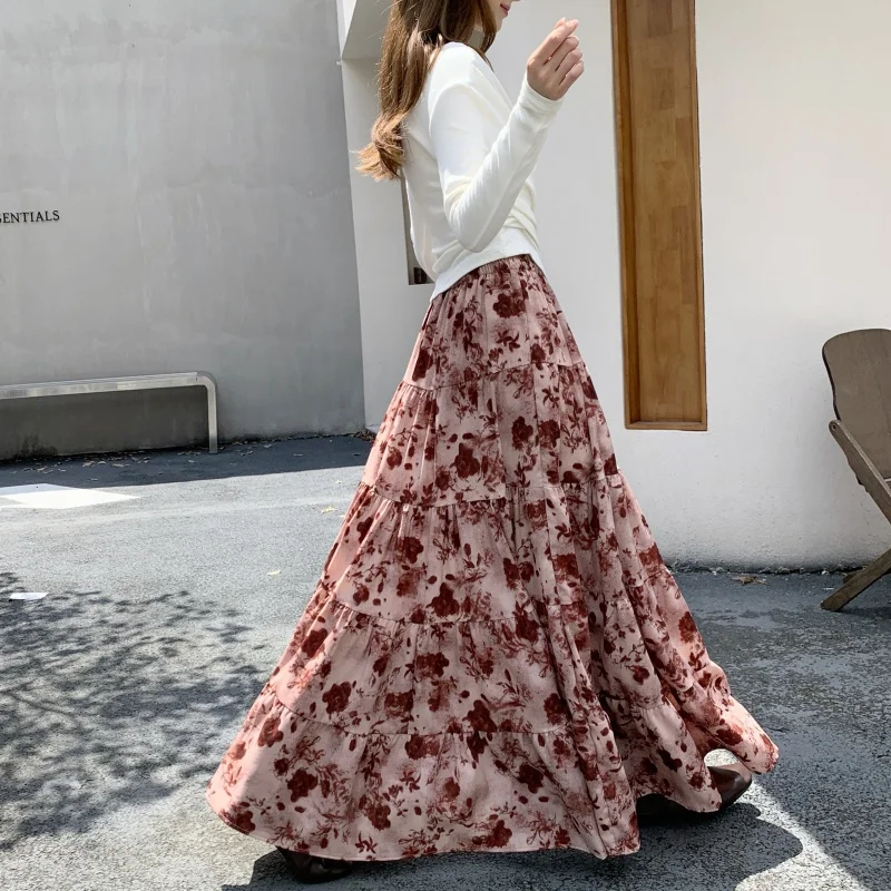 French Skirt Women Floral Print A Line Skirt Loose Fit High Street Fashion Multilayer Splicing Vacation Dress Romantic Sweet New