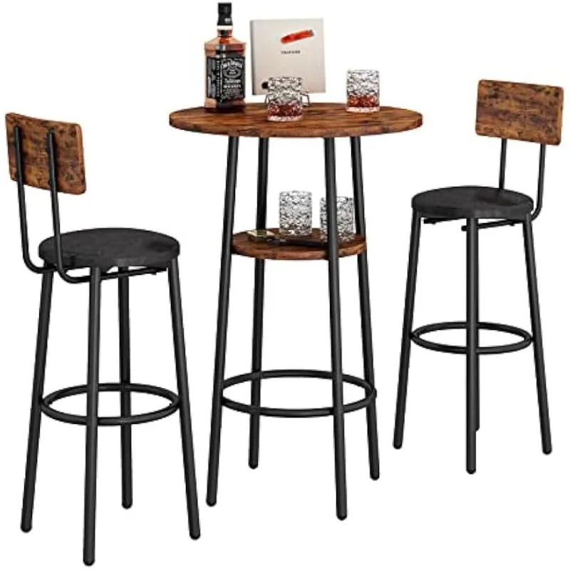 

3-Piece Pub Table and Chairs Set of 2,Round Bistro Bar Table Set, High Top Kitchen Table and 2 Upholstered Stools