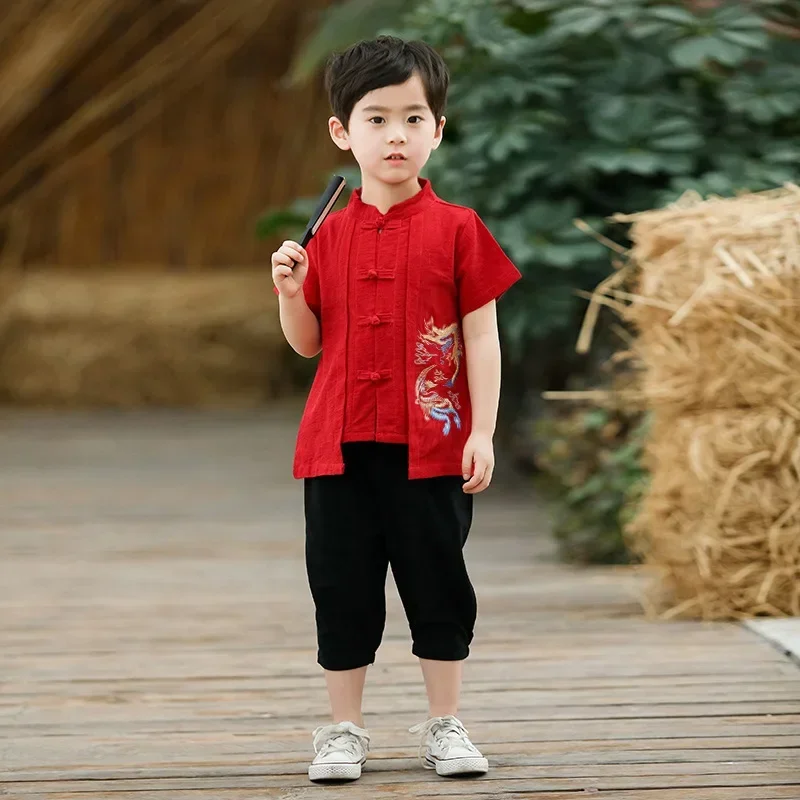 New Boys And Girls Chinese Style Traditional Retro Red Hanfu Dragon Phoenix Embroidery Tang Suit Two Piece Set Role Play Costum