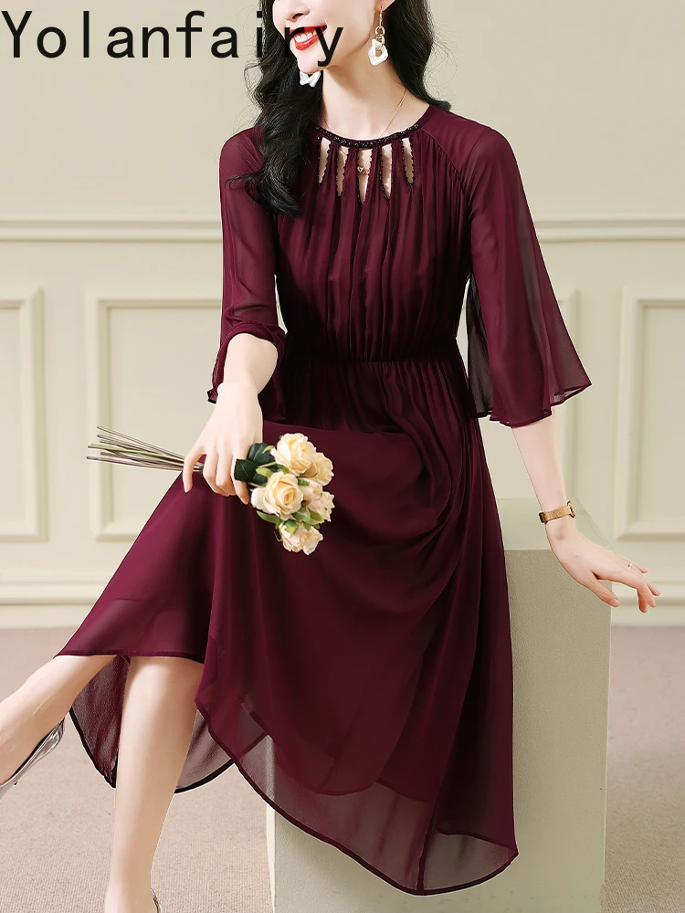 YOLANFAIRY 100% فستان حريري التوت الحقيقي للنساء الصيف أنيقة Cinched الخصر فستان سهرة ملابس امرأة فساتين كم مضيئة