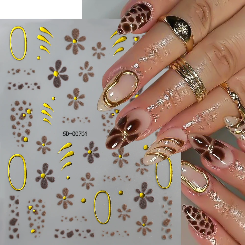 1pcs 5D Bronzing Brown Leopard Ombre Flower Nail Art Stickers Tortoise Shell Design Gold Chrome Frame Lines Manicure Decorations