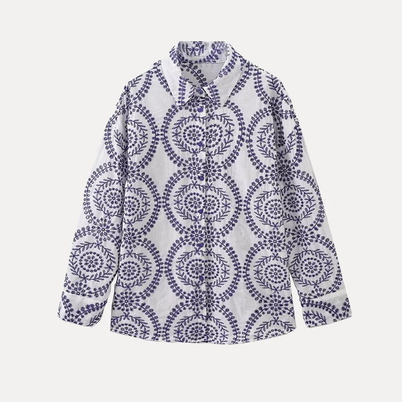 Elegancki długi rękaw, kwiatowy wzór, uniwersalny, damski, wiosna 2025, włókno poliestrowe 100%, casualowy, biznesowy.