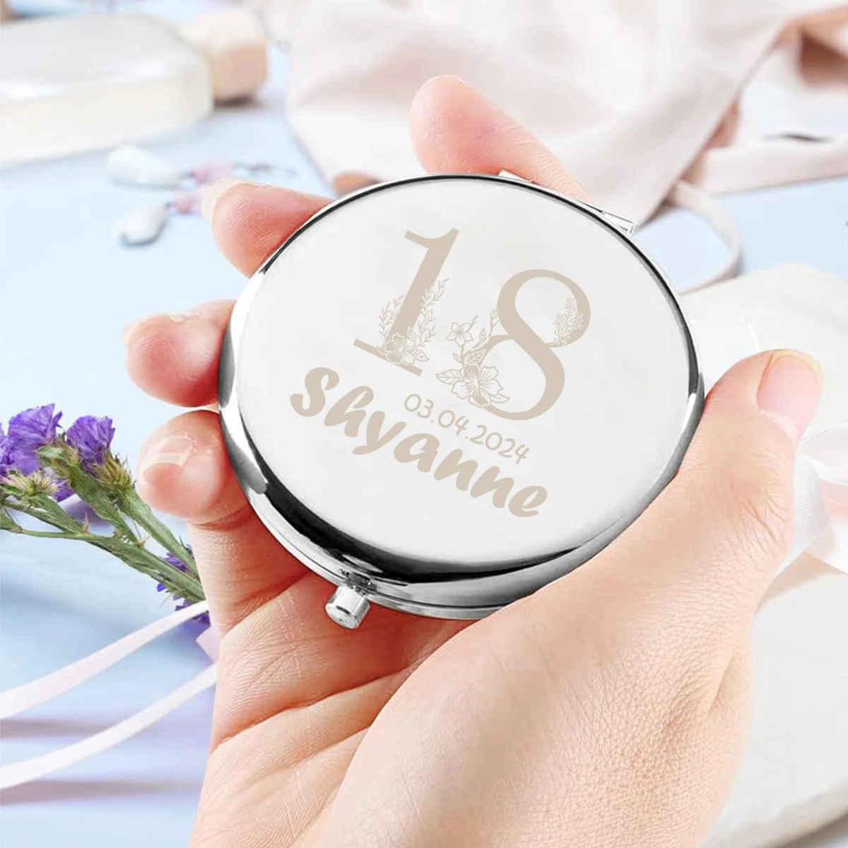 

1pc date new Old Engraving Customized Name Fold Mirror Metal Sliver Birthday Gift