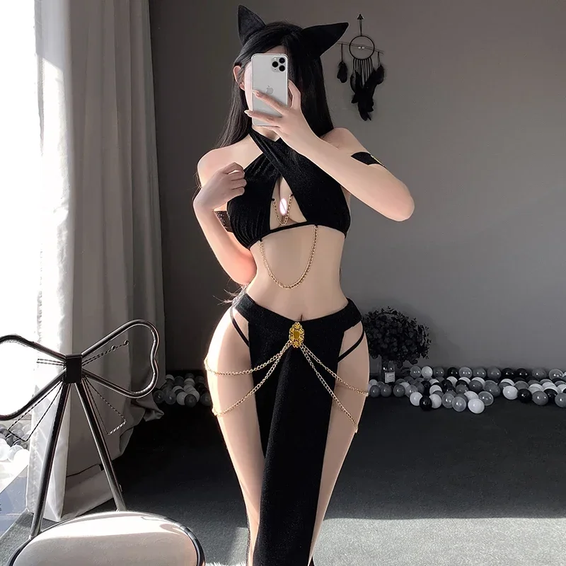 Black Cat Woman Cosplay Costumes Halter Hollow Top with Long Skirt Golden Chain Set Women Sexy Lingerie Erotic Costume