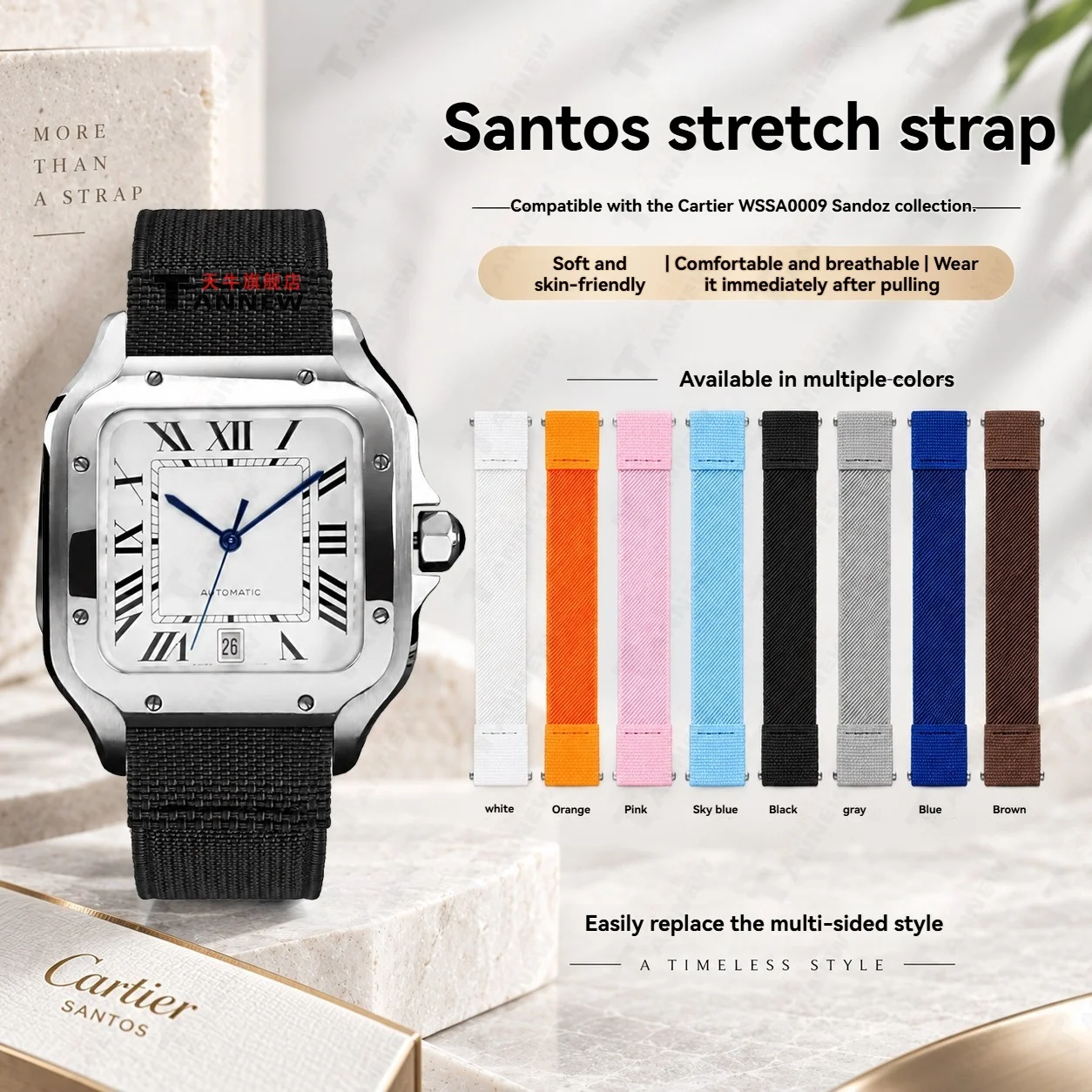 FKM Rubber Elastic Wrap Watch Strap for Cartier Santos WSSA0009 Quick Release Replacement Band Custom Fit