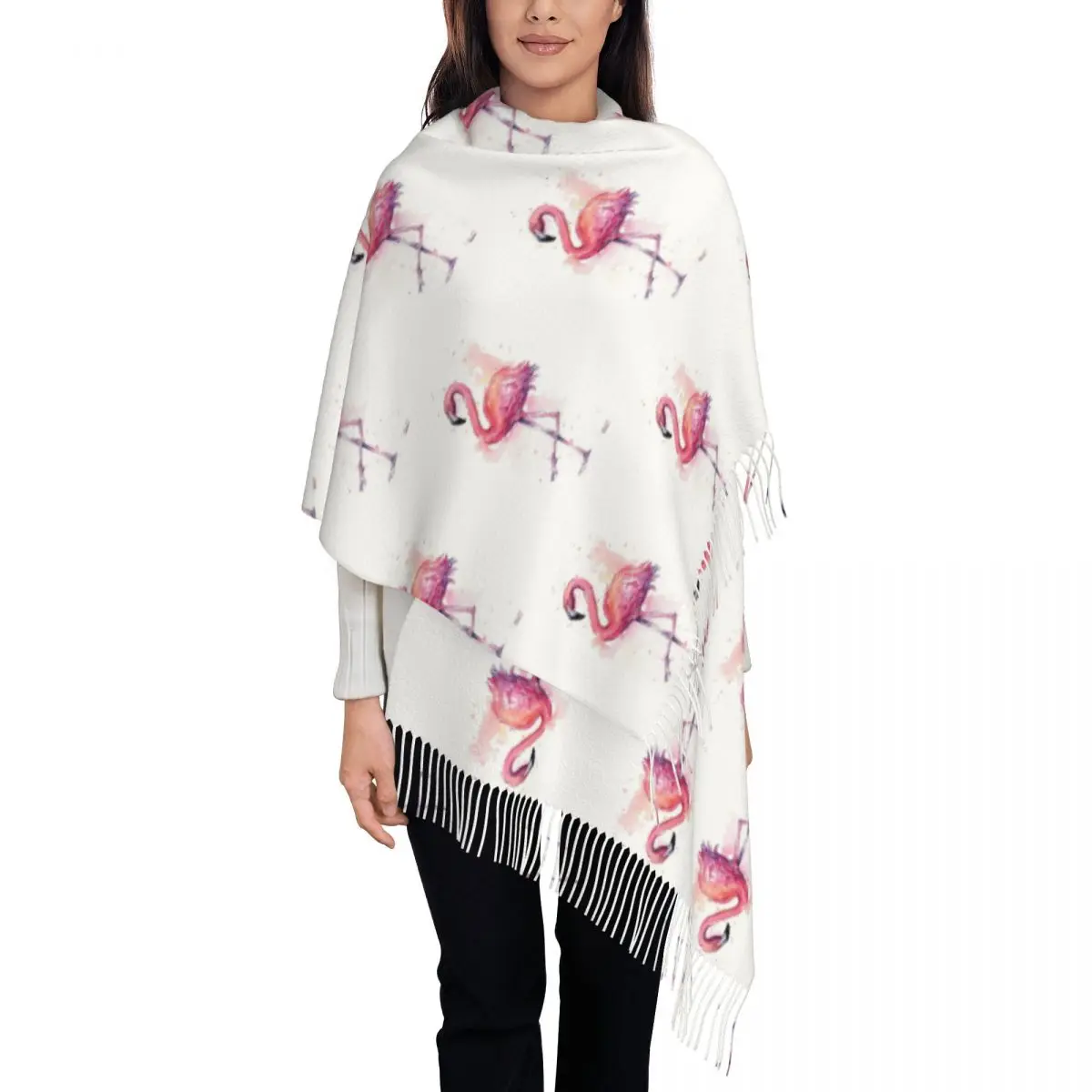 Pink Flamingo Watercolor Tropical Bird Scarf Tassel Scarves for Women Soft Warm Shawls and Wraps Long Fall Winter Shawl Wrap