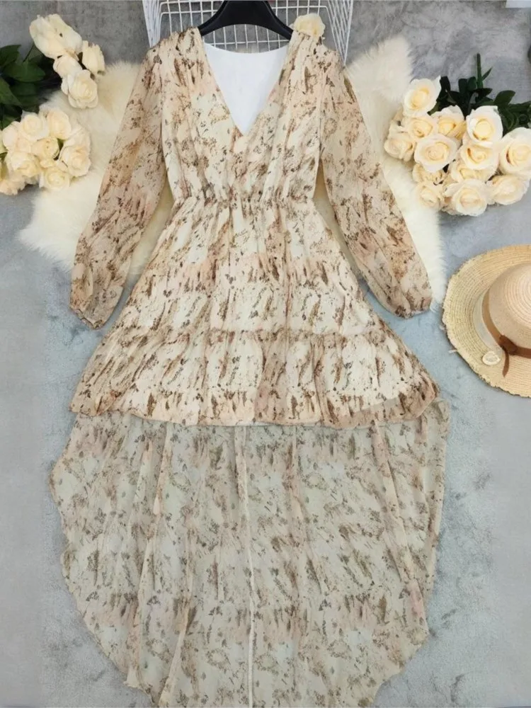 تنورة نسائية جديدة بتصميم بوهيمي وياقة على شكل V وخصر مطاطي عالي وحافة غير منتظمة متعددة الطبقات، فستان طويل بأسلوب البريري الأنيق للحفلات والشاطئ