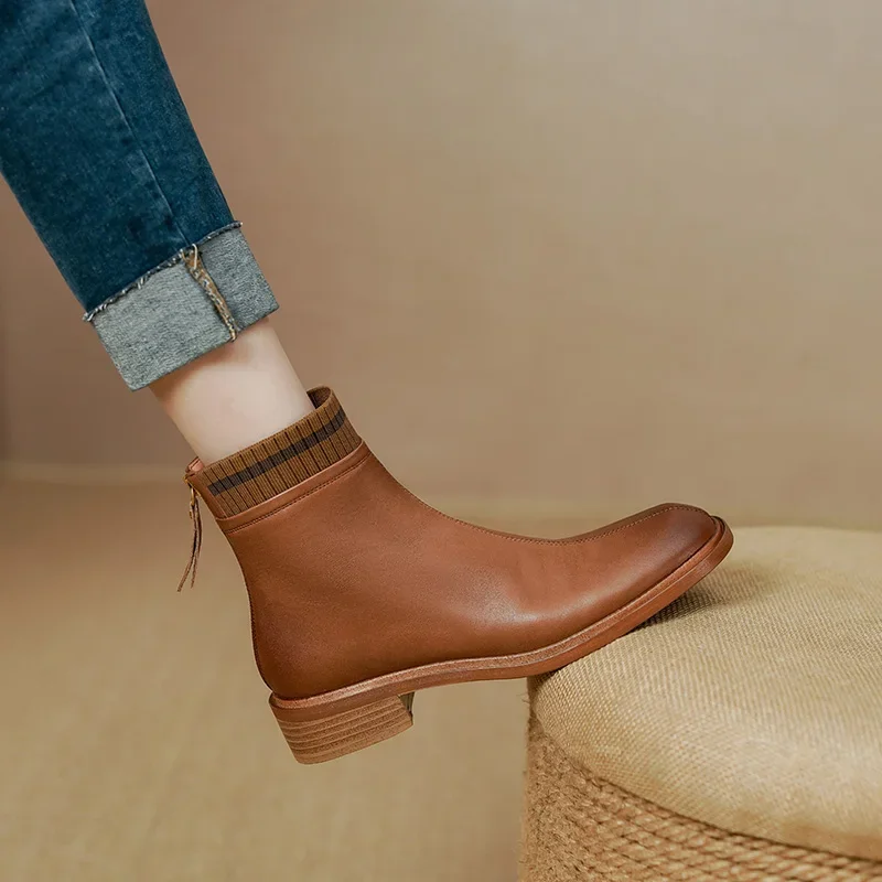 

2023 Autumn and Winter Women Genuine Leather Concise Retro Chelsea Boots Office Ladies Back Zip Slip-on Chunky Heels Ankle Boots